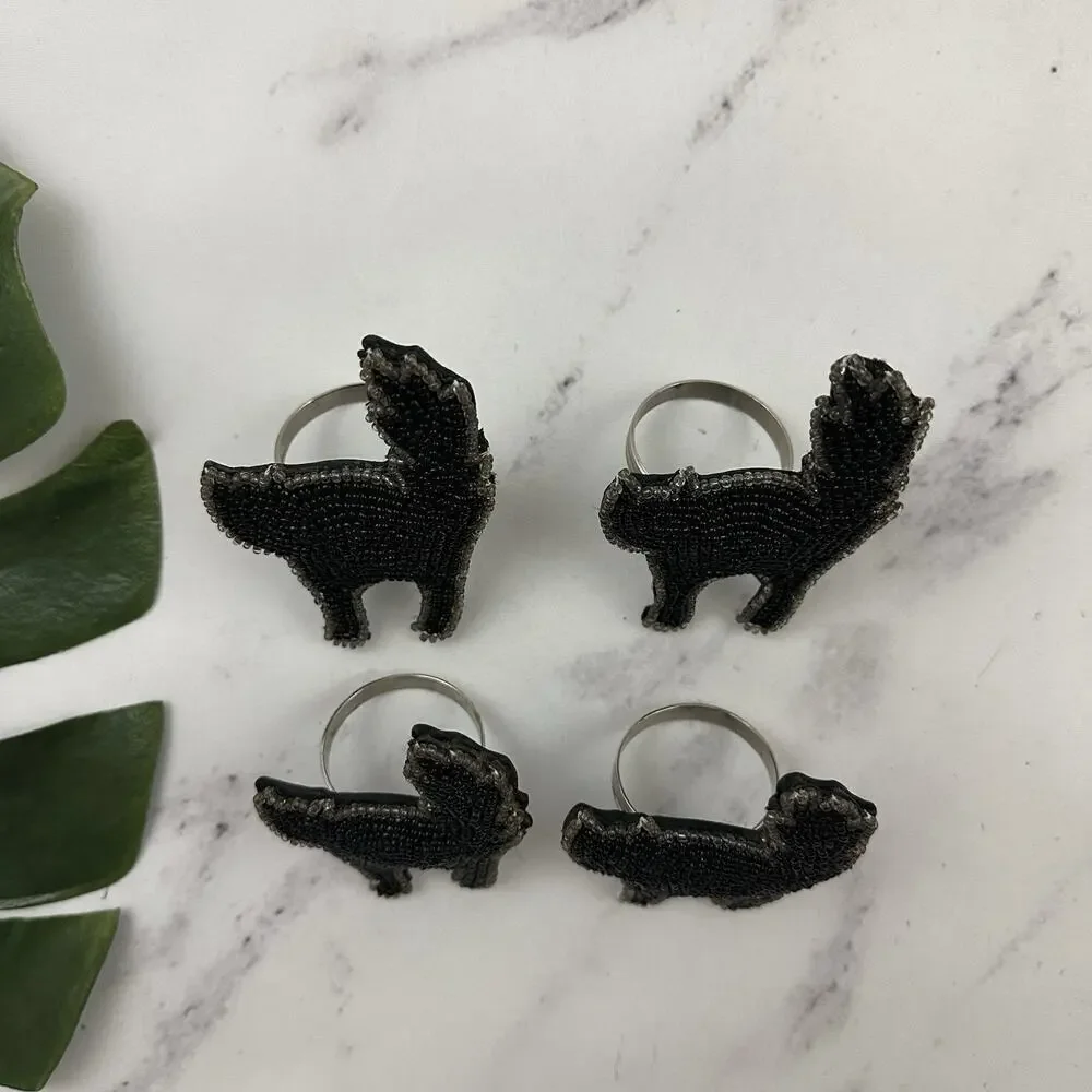 Pottery Barn Vintage Halloween Cat Napkin Rings Lot of 4 New Black Beaded